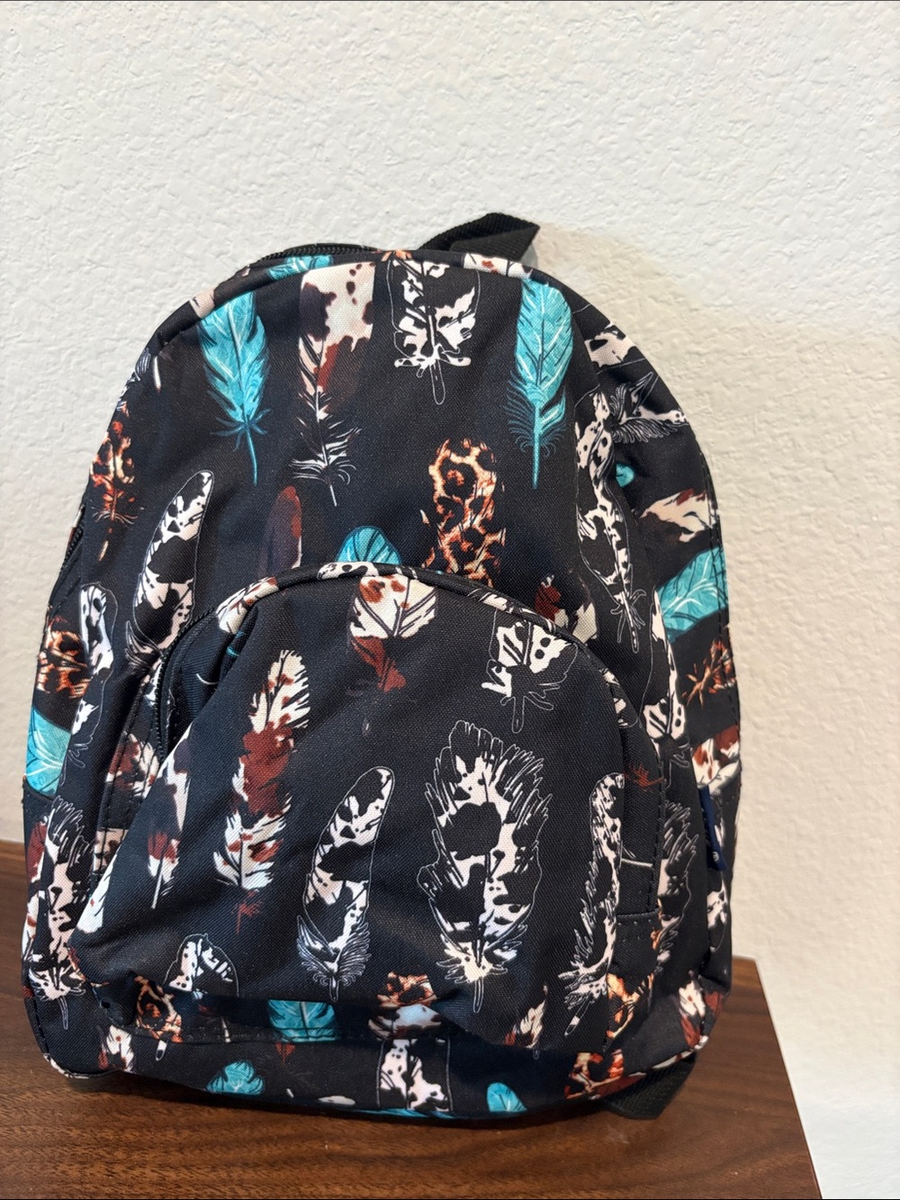 Feather Print Black Backpack - Casual Everyday Bag
